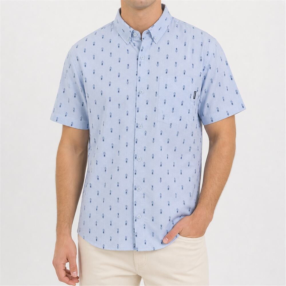 Molokai Surf Co. Shirt Mens Medium Blue Hawaiian Pineapples Cotton Short Sleeve